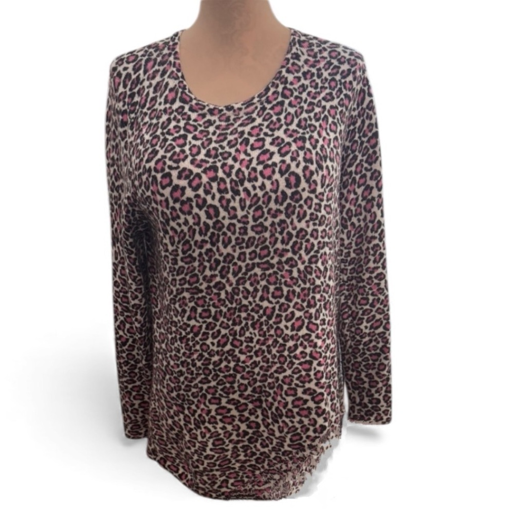Croft & Barrow Pink and Black Leopard Print Long Sleeve Knit Sweater Top size XL